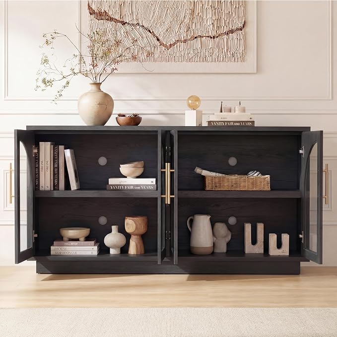 Fatmok Sideboard Buffet Cabinet with Storage Set of 2, 59” Modern Accent Cabinet with Glass Doors, Large Wood Arched Credenza Storage with Adjustable Shelves for Dining Room Entryway(Black Grey)
