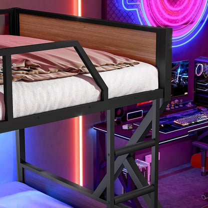 KEIKI Full Over Full Bunk Bed, Heavy Duty Metal Bunkbed with Storage Shelves, Lights, Bottom Space & Guardrail for Aldults Dorm Bedroom Guest Room, No Box Spring Needed, Noise-Free Design