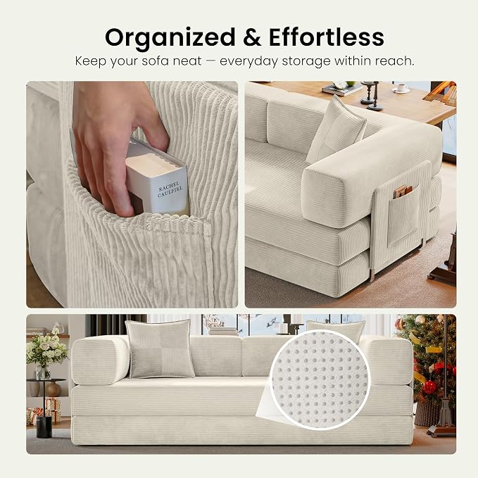 78.8" Convertible Sofa Bed,Corduroy Futon Couch with Storage Pocket,Folding Pull Out Futon Sofa,No Assembly Boneless Couch for Living Room, White