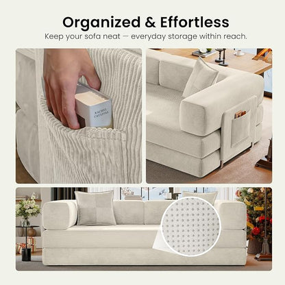 78.8" Convertible Sofa Bed,Corduroy Futon Couch with Storage Pocket,Folding Pull Out Futon Sofa,No Assembly Boneless Couch for Living Room, White