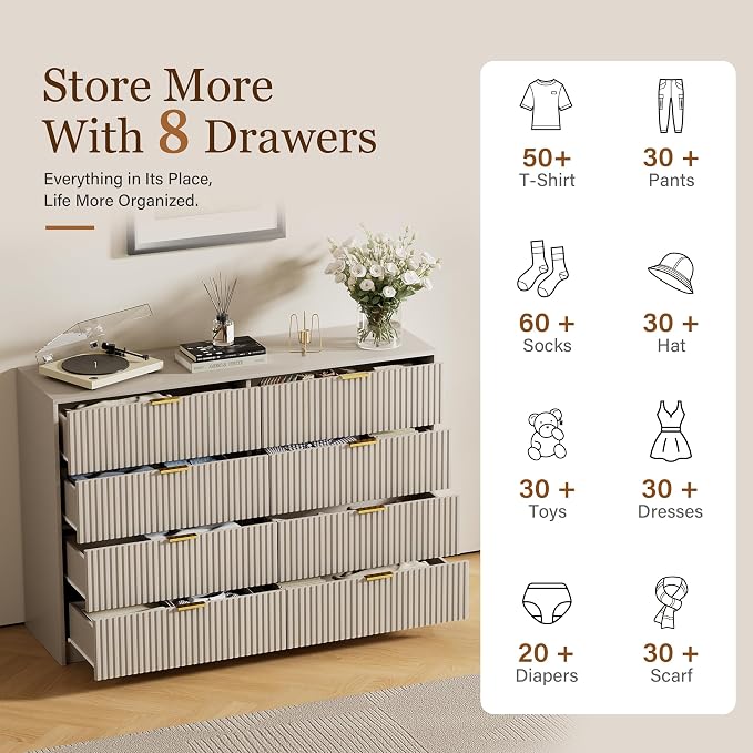 Furniway Beige Dresser for Bedroom, Modern Dresser with 8 Drawers and Smooth Slides, Wide Chest of Drawers with Golden Handles for Bedroom, Closet, 15.7" D x 55" W x 37.4" H