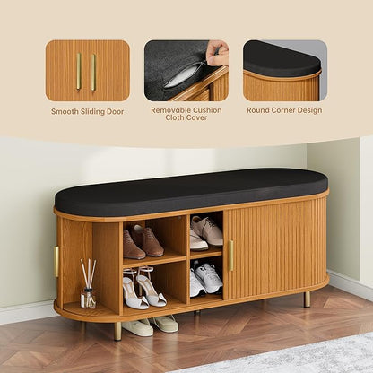 DHH 2-Tier Storage Bench,Wide Shoe Bench with Thickened Padded Seat Cushion, Mid Century Modern Fluted Sliding Door and Adjustable Shelf, for Entryway, Living Room, Bedroom (Yellow Walnut, 43.3“)
