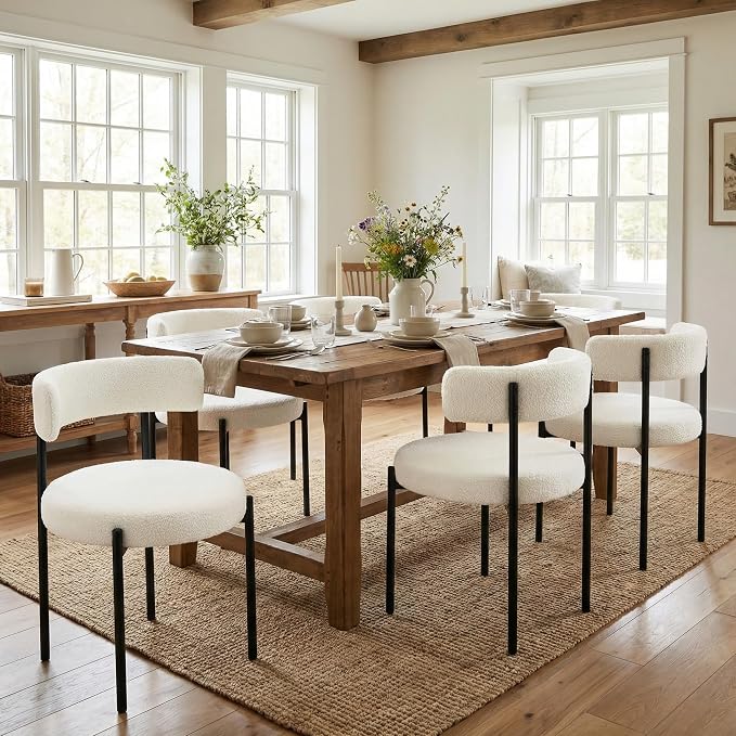 Boucle Dining Chairs Set of 2, White Dining Chairs with Upholstered Seat and Round Back, Mid-Century Modern Kitchen Chairs for Dining Room, Restaurant