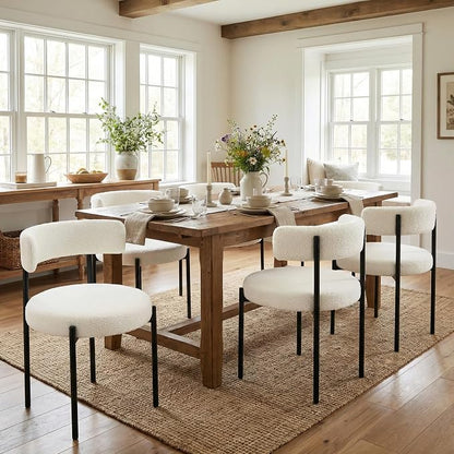 Boucle Dining Chairs Set of 2, White Dining Chairs with Upholstered Seat and Round Back, Mid-Century Modern Kitchen Chairs for Dining Room, Restaurant