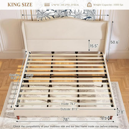 koorlian King Size Bed Frame Upholstered Platform Bed with 51" Tall Headboard Wingback, Soft Fabric, Retro Simple Style Platform Bed No Box Spring Needed, Easy Assembly, Beige