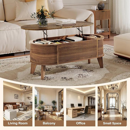 LYNCOHOME 43.3" Fluted Lift Top Coffee Table with Storage, Faux Marble Top Center Table, Modern Oval Coffee Table for Living Room or Home Office（Elegant Walnut）