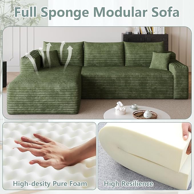 95" Modular Sectional Sofa, Modern Corduroy Cloud Couch with Side Pockets, Boneless Couch Upholstered 3-Seater L-Shaped Sofa for Living Room, No Assembly Required (Green,Left-Facing Chaise)