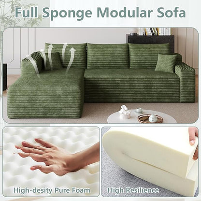 95" Modular Sectional Sofa, Modern Corduroy Cloud Couch with Side Pockets, Boneless Couch Upholstered 3-Seater L-Shaped Sofa for Living Room, No Assembly Required (Green,Left-Facing Chaise)