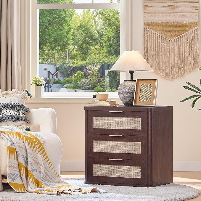 LEYAOYAO Rattan Night Stand with Drawers, 23" Large 3 Drawer Boho Nightstand, Walnut Bedside Table Storage Cabinet, Bed Side End Tables Dresser for Bedroom, Living Room, Hallway, Closet