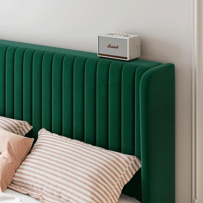 SHA CERLIN Full Size Velvet Bed Frame with Vertical Channel Tufted Wingback Headboard, Upholstered Platform Bed with Wood Slats, No Box Spring Needed, Easy Assembly, Green