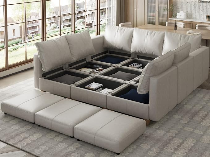 EASE MOOSE Modular Sleeper Sofa Sectional Couch with Storage, Faux Leather Modular Sofa Bed Sectional Sofa for Living Room Beach White