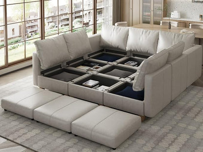 EASE MOOSE Modular Sleeper Sofa Sectional Couch with Storage, Faux Leather Modular Sofa Bed Sectional Sofa for Living Room Beach White