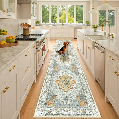 RELEANY Area Rugs Runner 2'x10' Washable Non-Slip, Floral Vintage Distress Medallion Carpet for Kitchen Hallway Bedroom Beside Laundry Room Bathroom, Beige Carbon Grey Orange