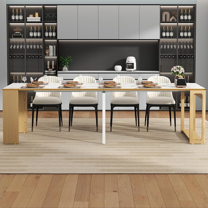 Extendable Dining Table, Transformer Folding Console Table for 2-8 People, 17"-112" Space Saving Dining Room Table, Wood White Faux Marble Dining Table, Kitchen and Dining Room Furniture (No Chairs)