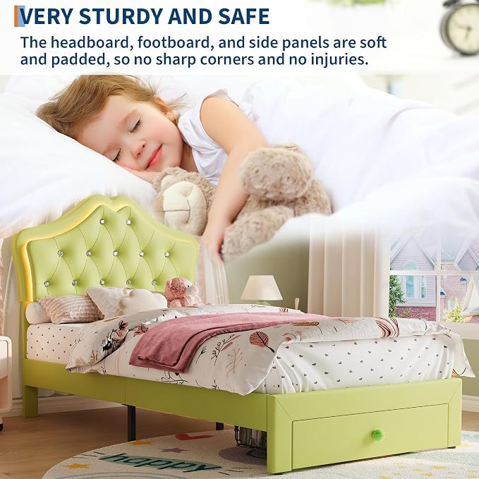Twin Size Bed Frame for Girls with Storage Drawers & LED Lights, Upholstered Platform Bed, Velvet Crystal Button Princess Bed, Noise-Free Slats, No Box Spring Needed for Kids, Teens, Avocado Green