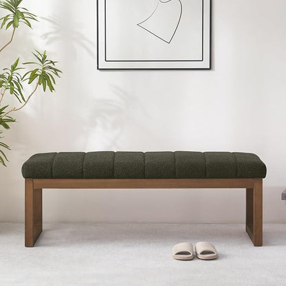 Zihanhome 52.7" Bedroom Bench for End of Bed, Modern Upholstered Teddy Fabric Entryway Bench & Dining Bench, Footrest Stool Bench with Solid Wood Frame for Bedroom, Living Room (Green)