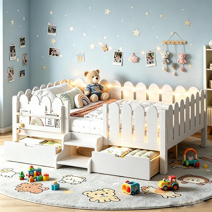 Bellemave Full Size Platform Bed with Storage Drawers & Bookshelf for Boys Girls, Kids Full Bed Frame with LED Lights & Stairs for Children's Room, White