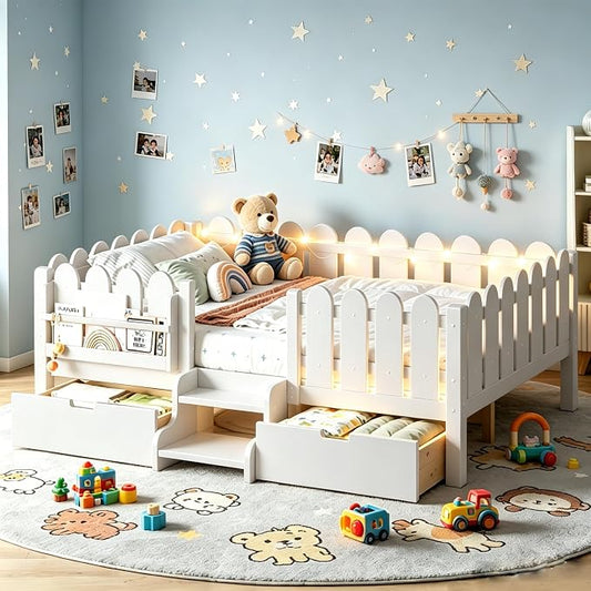Bellemave Full Size Platform Bed with Storage Drawers & Bookshelf for Boys Girls, Kids Full Bed Frame with LED Lights & Stairs for Children's Room, White