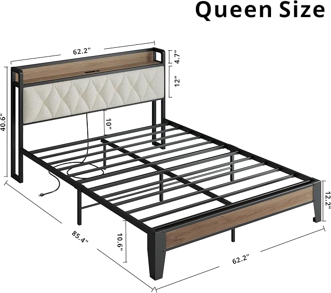 ANCTOR Queen Bed Frame with Storage Headboard & Charging Station, Metal Platform Queen Bed, Upholstered Tufted Headboard, Heavy Duty Slat Support, Noise Free, No Box Spring Needed, Wood and Cream