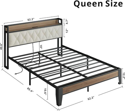 ANCTOR Queen Bed Frame with Storage Headboard & Charging Station, Metal Platform Queen Bed, Upholstered Tufted Headboard, Heavy Duty Slat Support, Noise Free, No Box Spring Needed, Wood and Cream