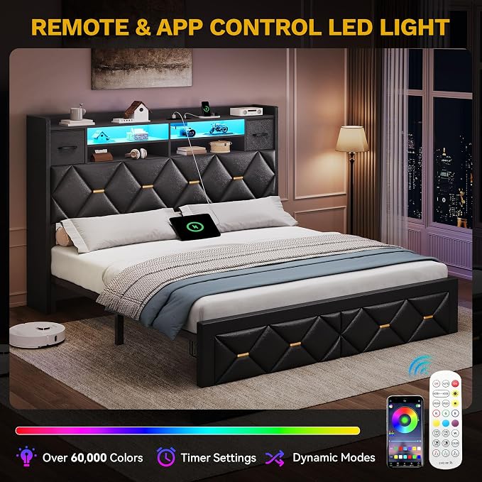 DWVO Queen Size Bed Frame with 2 Storage Drawers and Storage Headboard, Upholstered Platform with Charging Station and LED Light, No Box Spring Needed, Noise Free, Easy Assembly, PU Leather Black