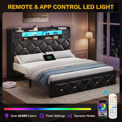 DWVO Queen Size Bed Frame with 2 Storage Drawers and Storage Headboard, Upholstered Platform with Charging Station and LED Light, No Box Spring Needed, Noise Free, Easy Assembly, PU Leather Black