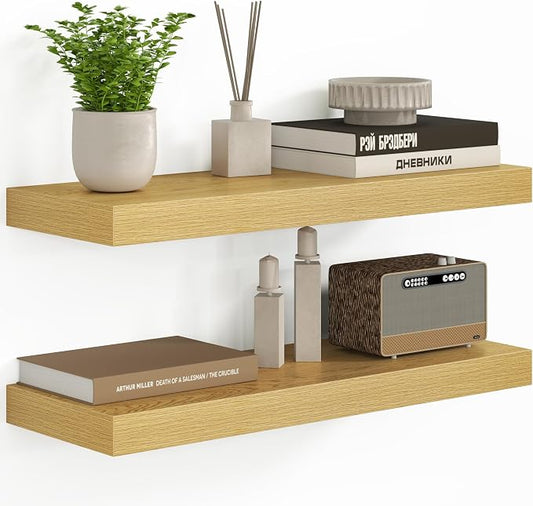 Fun Memories 24 Inch Floating Shelves - Deep Rustic Wooden Wall Shelves - Extra Deeper & Thicker Wall Mounted Storage Shelf for Bedroom, Kitchen, Farmhouse - 2 Pack, Oak