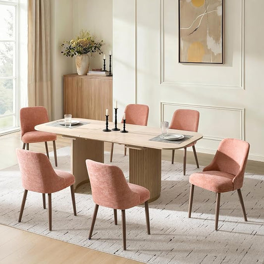 Upholstered Dining Chairs Set of 6, Fabric Dining Room Chairs with Curved Backrest, Solid Wood Legs, Modern Kitchen Chairs for Dining Room Living Room, Coral