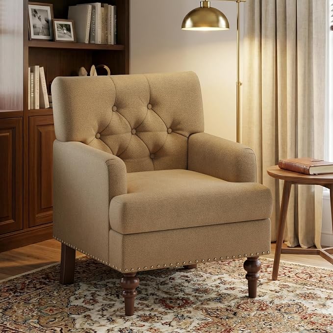 MALOL Upholstered Accent Chair Set of 2, Comfy Reading Chair for Living Room, Mid Century Modern Armchair with Thick Cushion & Solid Rubberwood Legs, for Bedroom/Small Spaces, Brown