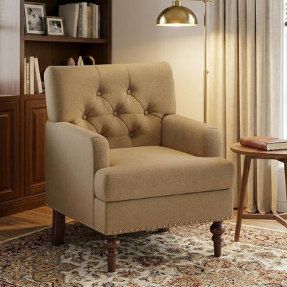 MALOL Upholstered Accent Chair, Comfy Reading Chair for Living Room, Mid Century Modern Armchair with Thick Cushion & Solid Rubberwood Legs, for Bedroom/Small Spaces, Brown