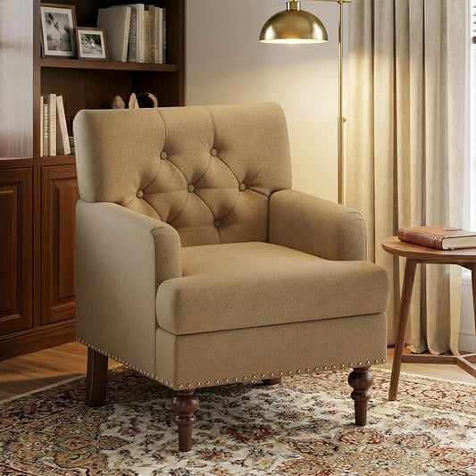 MALOL Upholstered Accent Chair, Comfy Reading Chair for Living Room, Mid Century Modern Armchair with Thick Cushion & Solid Rubberwood Legs, for Bedroom/Small Spaces, Brown