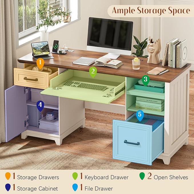 Vabches 55" Farmhouse Executive Desk with 3 Drawers & Storage Cabinet, Wooden Computer Desk, Home Office Desk with File Drawer (Fits A4 Size) for Work and Study, Rustic White and Brown