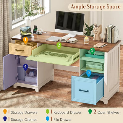 Vabches 55" Farmhouse Executive Desk with 3 Drawers & Storage Cabinet, Wooden Computer Desk, Home Office Desk with File Drawer (Fits A4 Size) for Work and Study, Rustic White and Brown