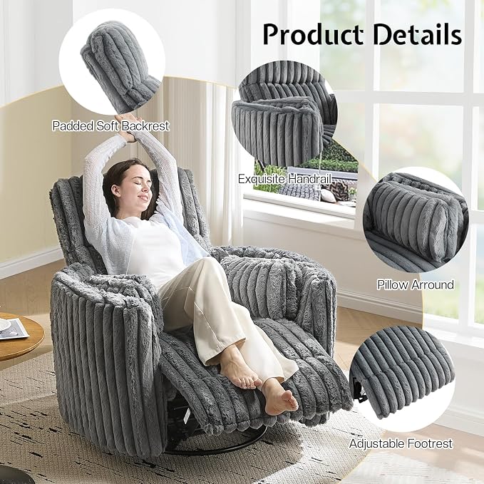 Jocisland Power Recliner Nursery Chair for Adults, Electric Swivel Rocking Glider with USB & Type-C Charge, Plush Corduroy Armchair with 2 Pillows, Cozy Reclining Sofa for Living Room, Bedroom, Grey