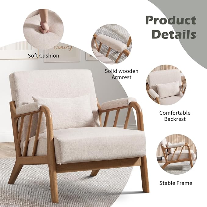 INZOY Accent Chairs Set of 2, Mid Century Modern Accent Chair with Wood Frame, Upholstered Reading Armchair with Soft Linen Fabric, Accent Chair for Living Room Bedroom Apartment, Easy Assembly, Beige