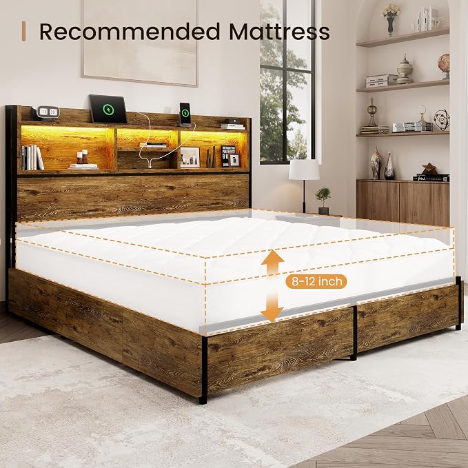 BRELTAM Queen Storage Bed Frame with 6 Drawers, USB Charging Station, No Noise, No Box Spring Required, Vintage Brown Headboard Platform Bed