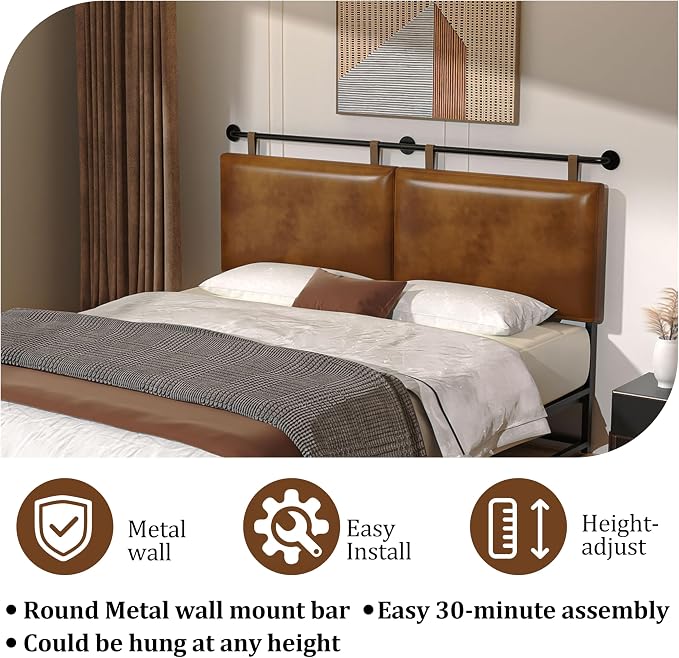 BSHOMGI Queen Headboard, Hanging Headboards with Brown Faux Leather Industrial Pipe Modern Style Only for Bed Backboard Headboards for Queen Size Bed