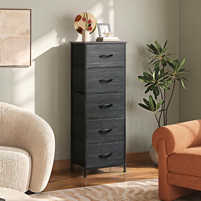 WLIVE Fabric Dresser, 5-Drawer Tall Dressers for Bedroom, Storage Dresser Organizer with Wood Top, Sturdy Steel Frame, Chest of Drawers for Closet, Hallway, Charcoal Black Wood Grain Print