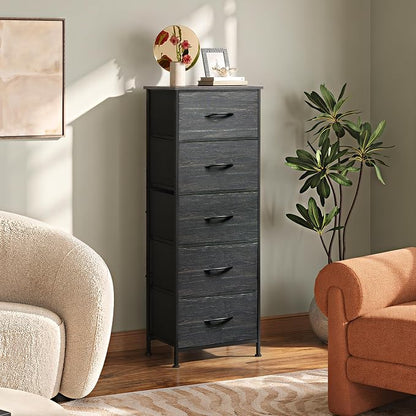 WLIVE Fabric Dresser, 5-Drawer Tall Dressers for Bedroom, Storage Dresser Organizer with Wood Top, Sturdy Steel Frame, Chest of Drawers for Closet, Hallway, Charcoal Black Wood Grain Print