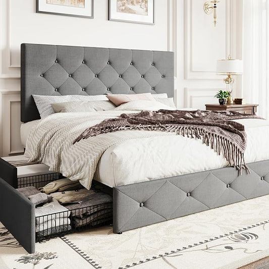 SHA CERLIN Upholstered Queen Size Platform Bed Frame with 4 Storage Drawers, Adjustable Headboard with Diamond Stitched Button Tufted Design, Wooden Slat Support, No Box Spring Needed, Light Grey