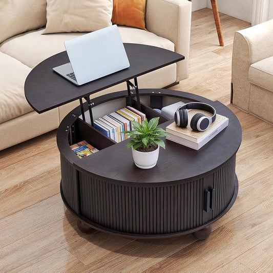 Round Lift Top Coffee Table with Hidden Storage, 33.5'' Mid-Century Fluted Coffee Table with Sliding Tambour Door Solid Wood Legs, Circle Center Table for Living Room, Small Space (Smoked Dark Brown)