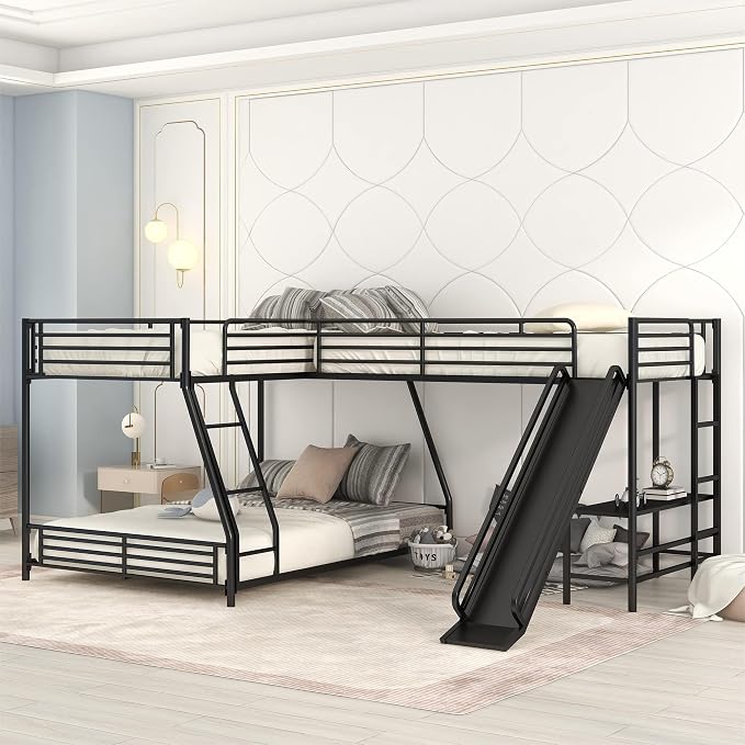 Flieks L-Shaped Twin Over Full Bunk Bed with Twin Size Loft Bed,Built-in Desk and Slide,Black