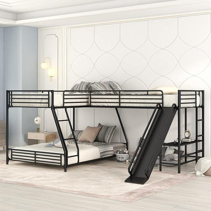 Flieks L-Shaped Twin Over Full Bunk Bed with Twin Size Loft Bed,Built-in Desk and Slide,Black