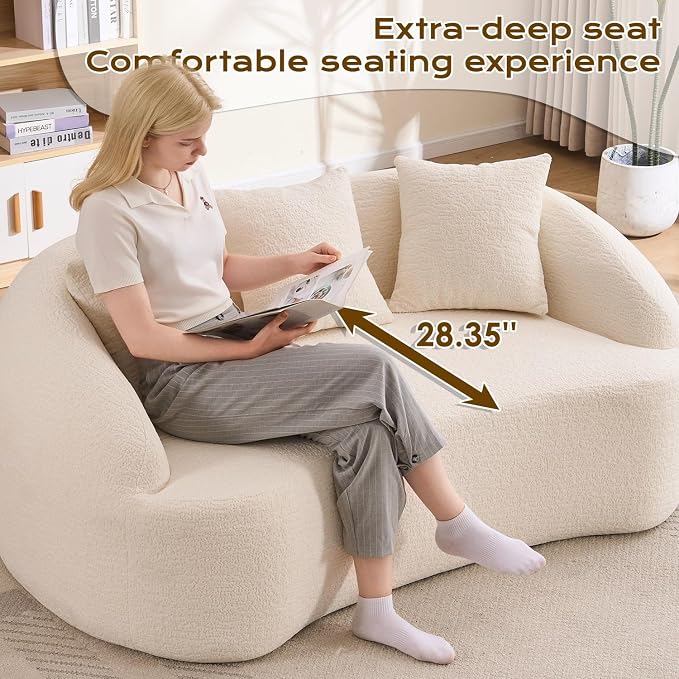 66" Curved Loveseat Sofa for Small Space, Boneless Chenille Boucle Cloud Couch, Luxury Extra High Back & Deep Seat, Oversized Comfort with No Assembly Required for Office, Dorm (Cream White)
