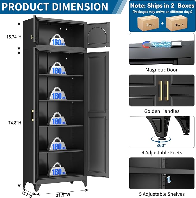 90" Tall Black Metal Storage Cabinet with 2 Doors and 4 Adjustable Shelves, Heavy Duty Steel Pantry Cabinet for Garage, Kitchen, Extra Large Industrial Cupboard (2 Packages)