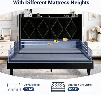 Allewie Velvet Full Size Upholstered Bed Frame with Wingback Storage Headboard & Charging Station, Platform Bed with Diamond Tufted Design & Gold Trim, No Box Spring Needed, Easy Assembly, Black