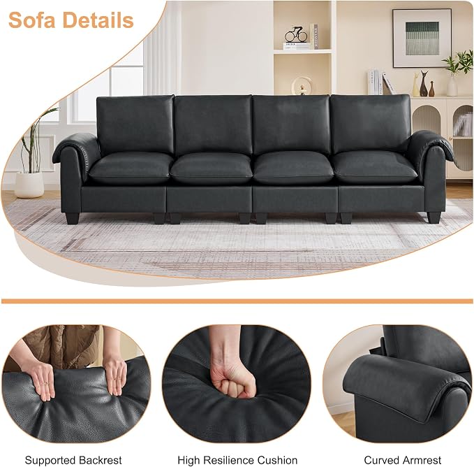 118" Faux Leather Modular Sectional Upholstered Sofa, Oversized 4 Seater Couch with Curved Armrests, Cloud Modern Upholstered Deep Seat Sofa for Living Room, Black