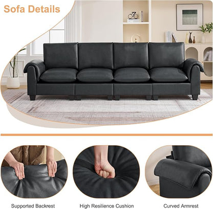 118" Faux Leather Modular Sectional Upholstered Sofa, Oversized 4 Seater Couch with Curved Armrests, Cloud Modern Upholstered Deep Seat Sofa for Living Room, Black