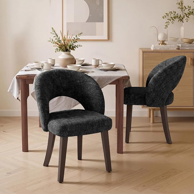 Dining Chairs Set of 4, Mid Century Modern Dining Chairs with Solid Wood Legs, Curved Back Kitchen Chair Farmhouse Side Upholstered Chairs for Kitchen Dining Room, Black