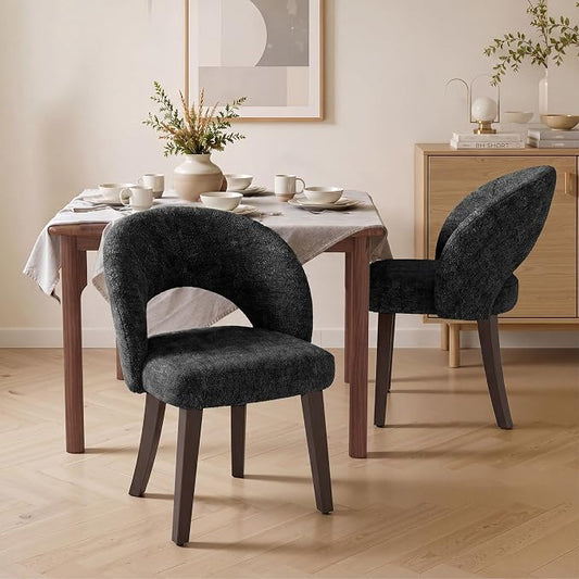 Dining Chairs Set of 2, Mid Century Modern Dining Chairs with Solid Wood Legs, Curved Back Kitchen Chair Farmhouse Side Upholstered Chairs for Kitchen Dining Room, Black